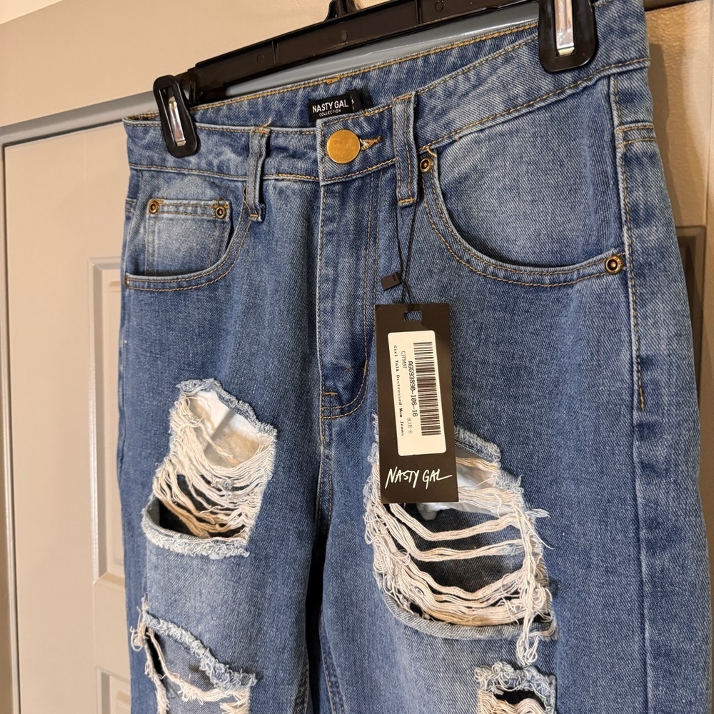 NWT NASTY GAL | Distressed Blue Jeans High Rise Straight Leg Women’s Size 4 - Picture 3 of 11